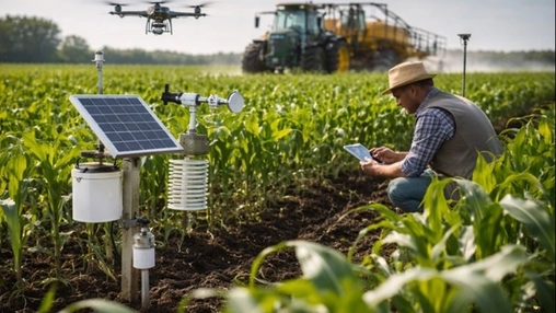 Farmer reviewing data from field sensors and drone on a modern dairy farm