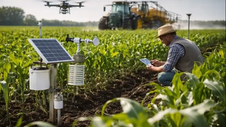 Farmer reviewing data from field sensors and drone on a modern dairy farm