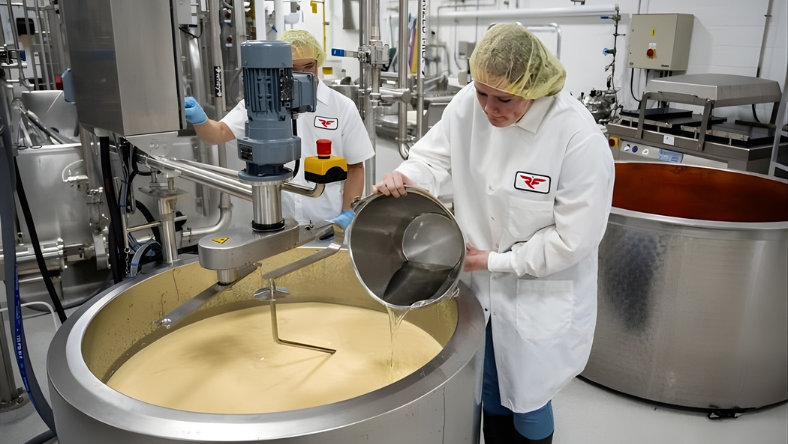 Dairy workers adding ingredients to a stainless steel processing vat in a creamery
