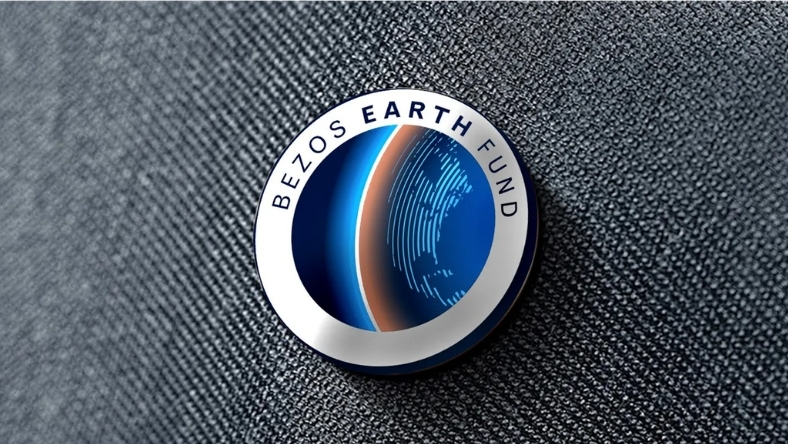 Bezos Earth Fund circular logo badge on dark fabric surface